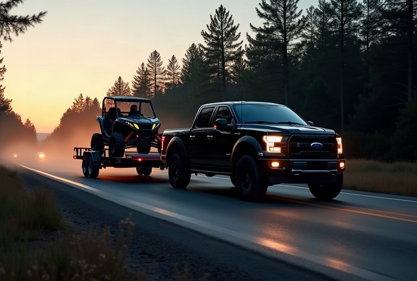 Pickup truck towing a side-by-side on a trailer at dusk