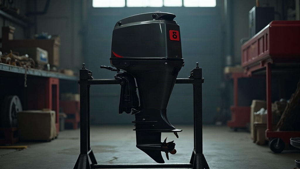 Outboard motor on a service stand in the shop